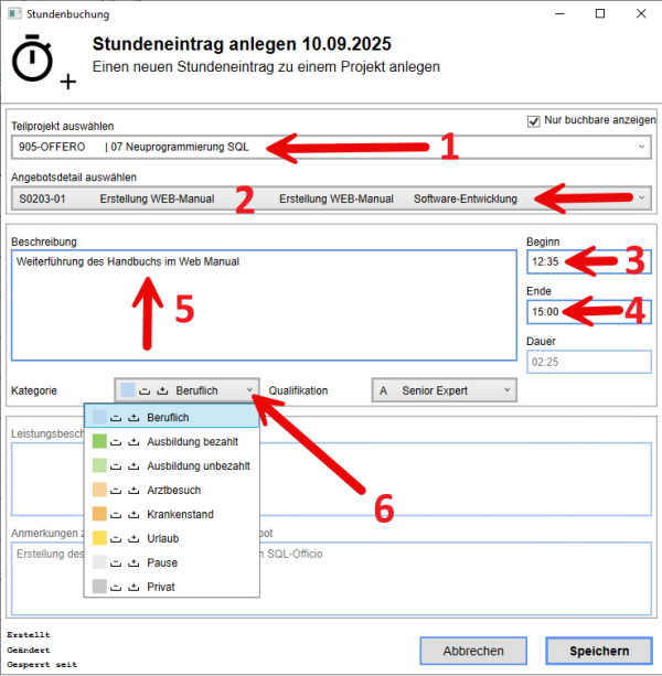  Dialog zu Erfassung von Zeiteinträgen