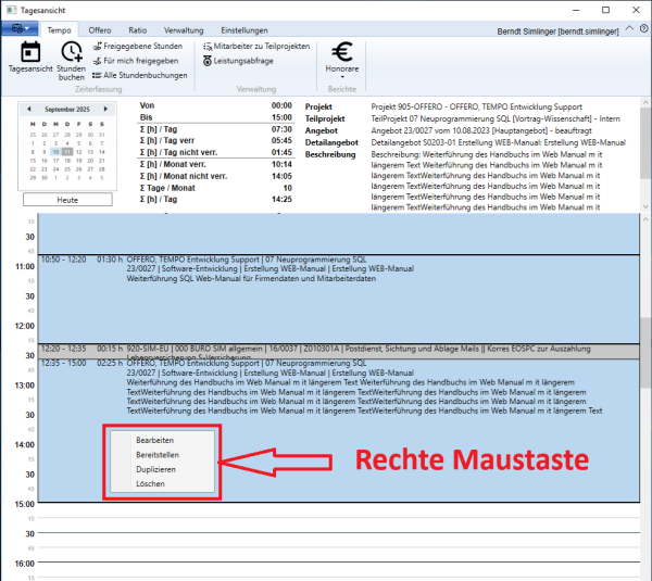  Menü Zeiteinträge bearbeiten