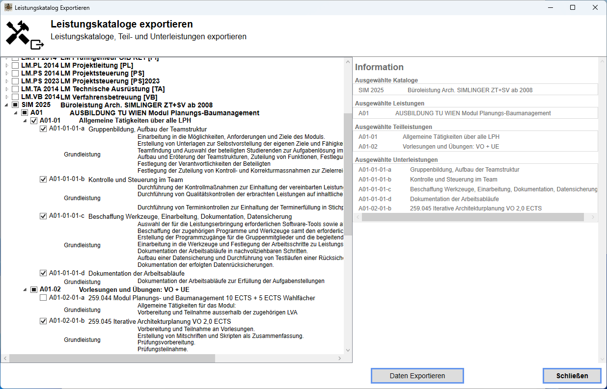 Positionsauswahl für den Export