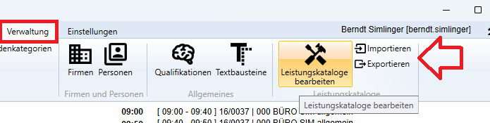 Leistungskataloge importieren, exportieren