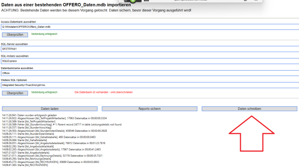Start des Schreibens in die SQL Datenbank