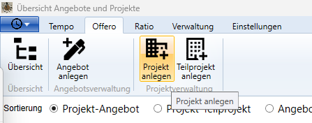 Projekte anlegen über das Menüband