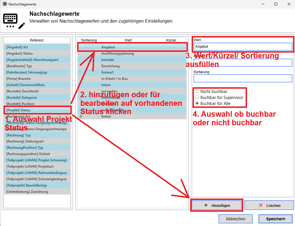 Projektstatus hinzufügen oder bearbeiten