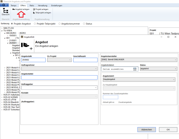 Anlegen eines neuen Anbotes