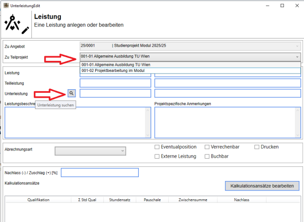 Öffnen der Leistungskataloge