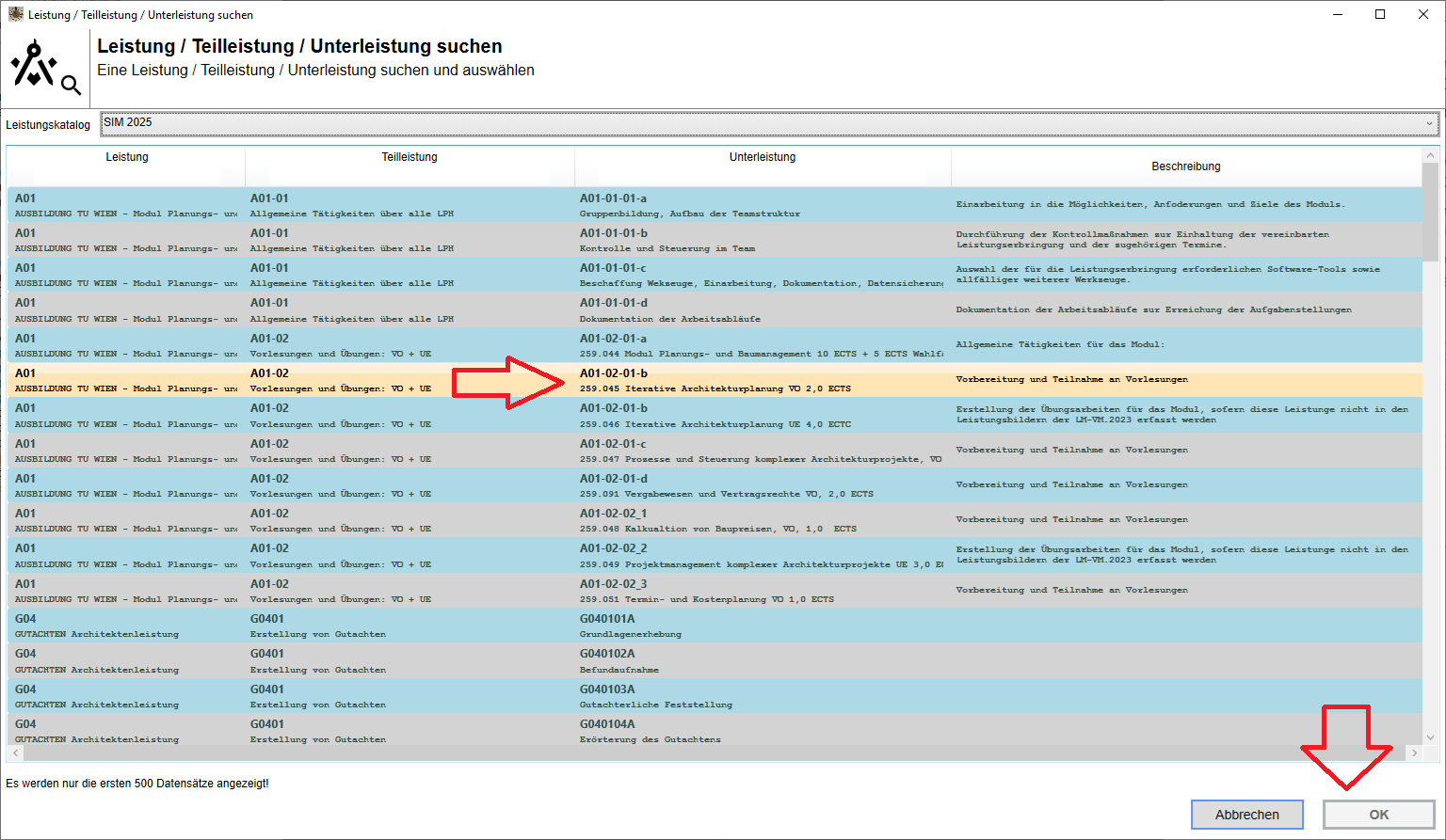 Übersicht im Leistungskatalog