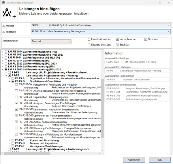 Auswahl der aufzunehmenden Leistungen, Auswahl der Abrechnungsart 