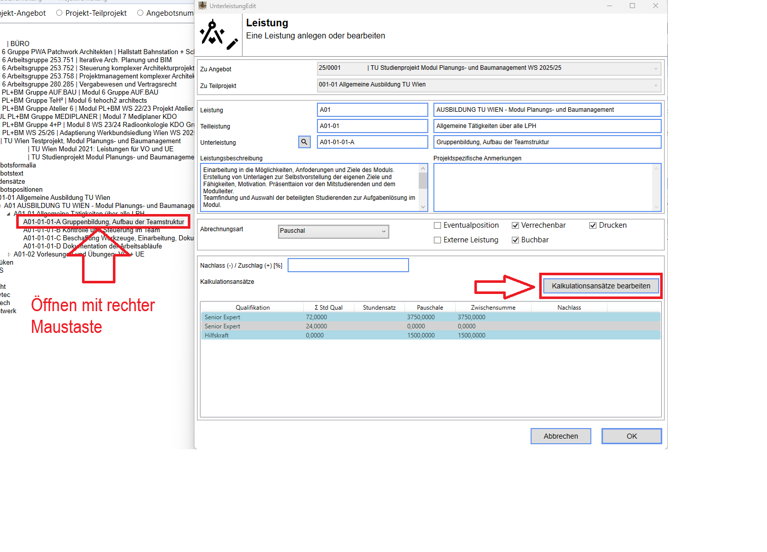 Position öffnen, Details einer Leistung