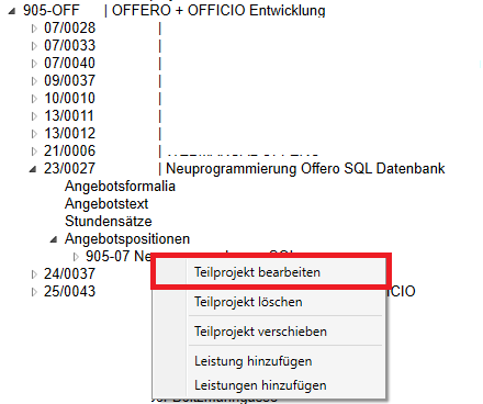 Teilprojekt bearbeiten