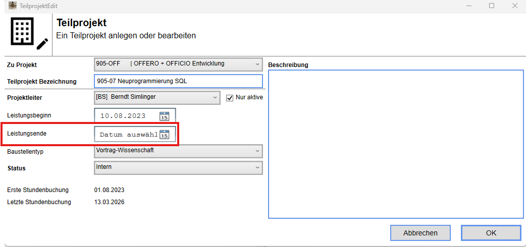 Leistungsende bearbeiten