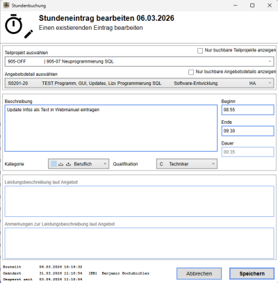 Fenster um Zeiteintrag zu bearbeiten