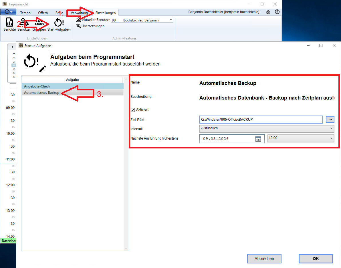 Menüfindung für die Backups