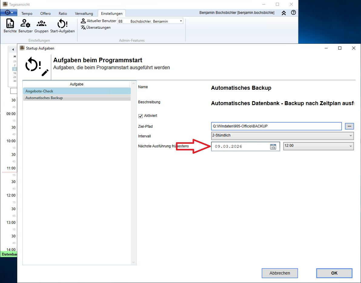  Zeitpunkt für die nächste Durchführung eines Backups festlegen