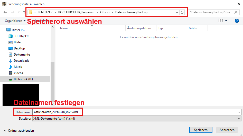 Auswahl Speicherort und Eingabe des Dateinamens