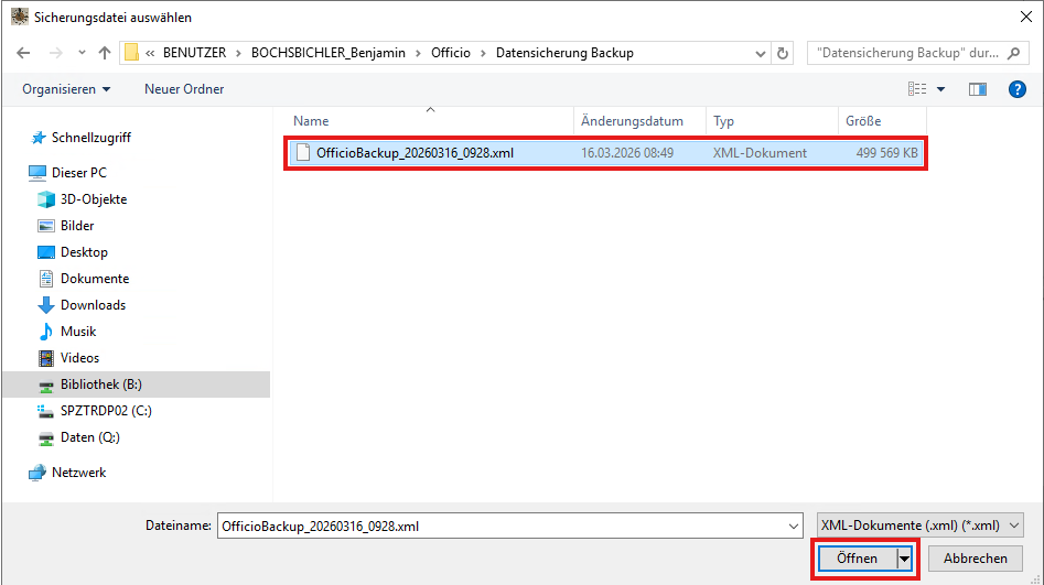 Auswahl der gewünschten Datensicherung