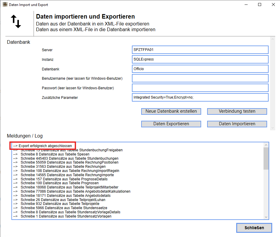 Meldung/Log beim Datenexport