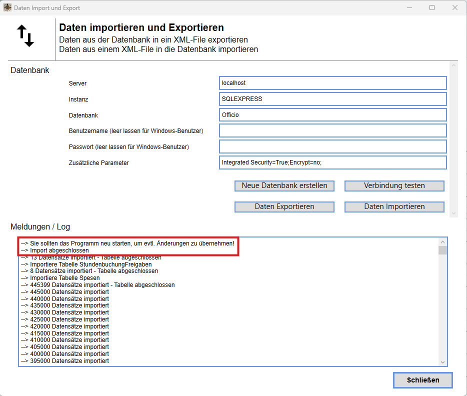 Meldung/Log beim Datenimport