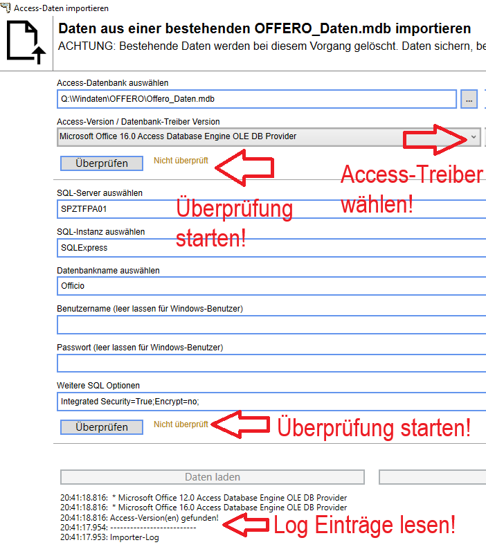 Überprüfung der Offero-Datenbanken