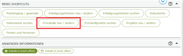 Start PROTOKOLLE neu / ändern