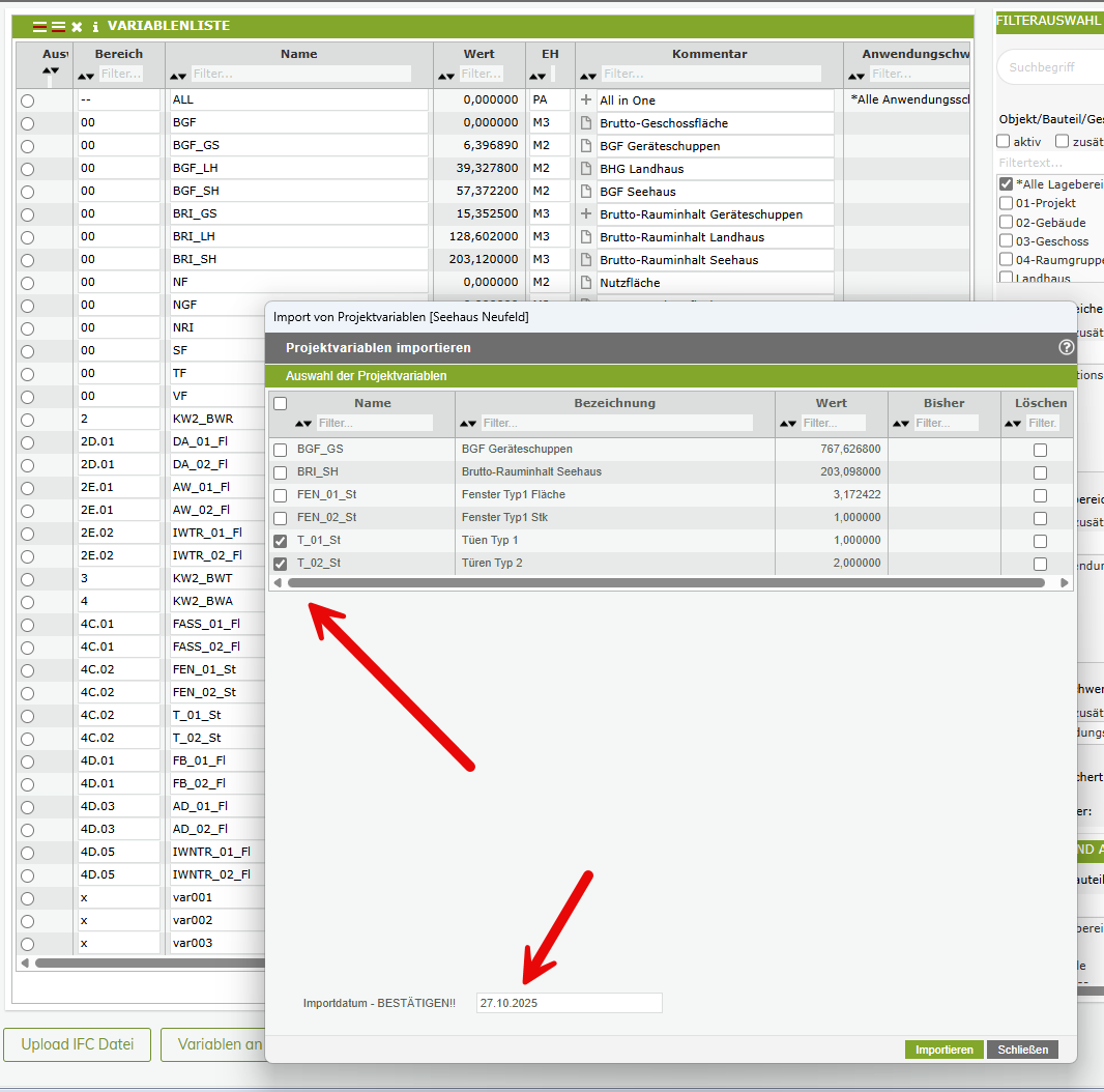 Import der Weboffice -Variablen nach VALERIO