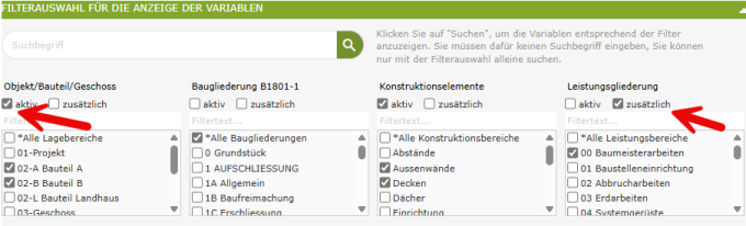 Filter der Projektvariablen