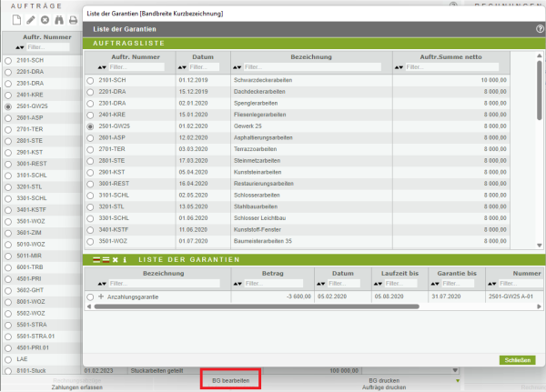 Liste der Bankgarantien je Auftrag