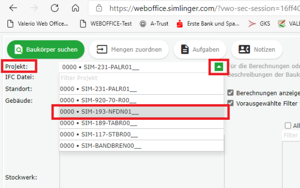 Projektauswahl für IFC-Import in WEBOFFICE