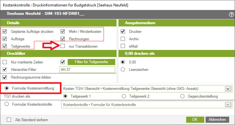 Details zum Ausdruck von Kostenermittlungen