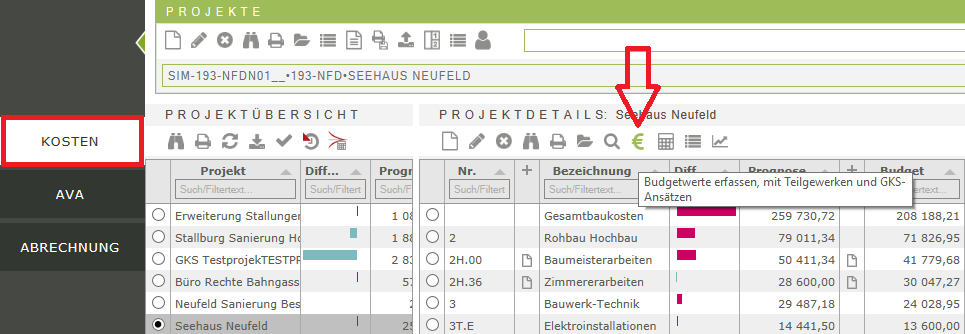 Kostenschätzung mit Teilgewerken starten