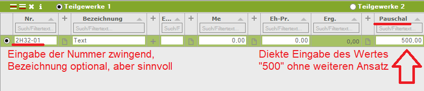 Direkteingabe von Werten in der Spalte PAUSCHAL