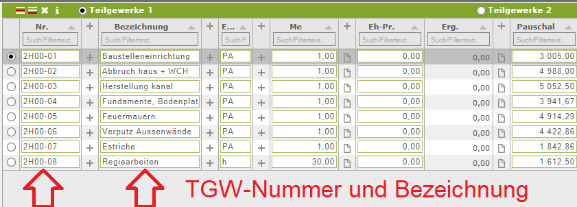 TGW-Nummer mit Kostenstelle, fortlaufender Nummerierung und Bezeichnung