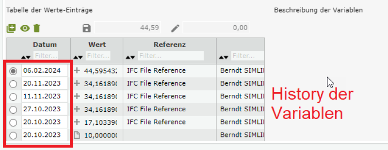 History der Projekt-Variable lt. IFC-Files