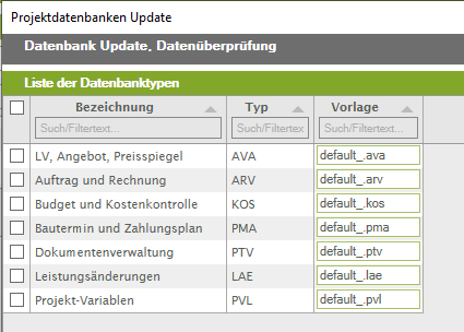 Auswahl der Datenbank-Bereich für Prüfung und/oder Update