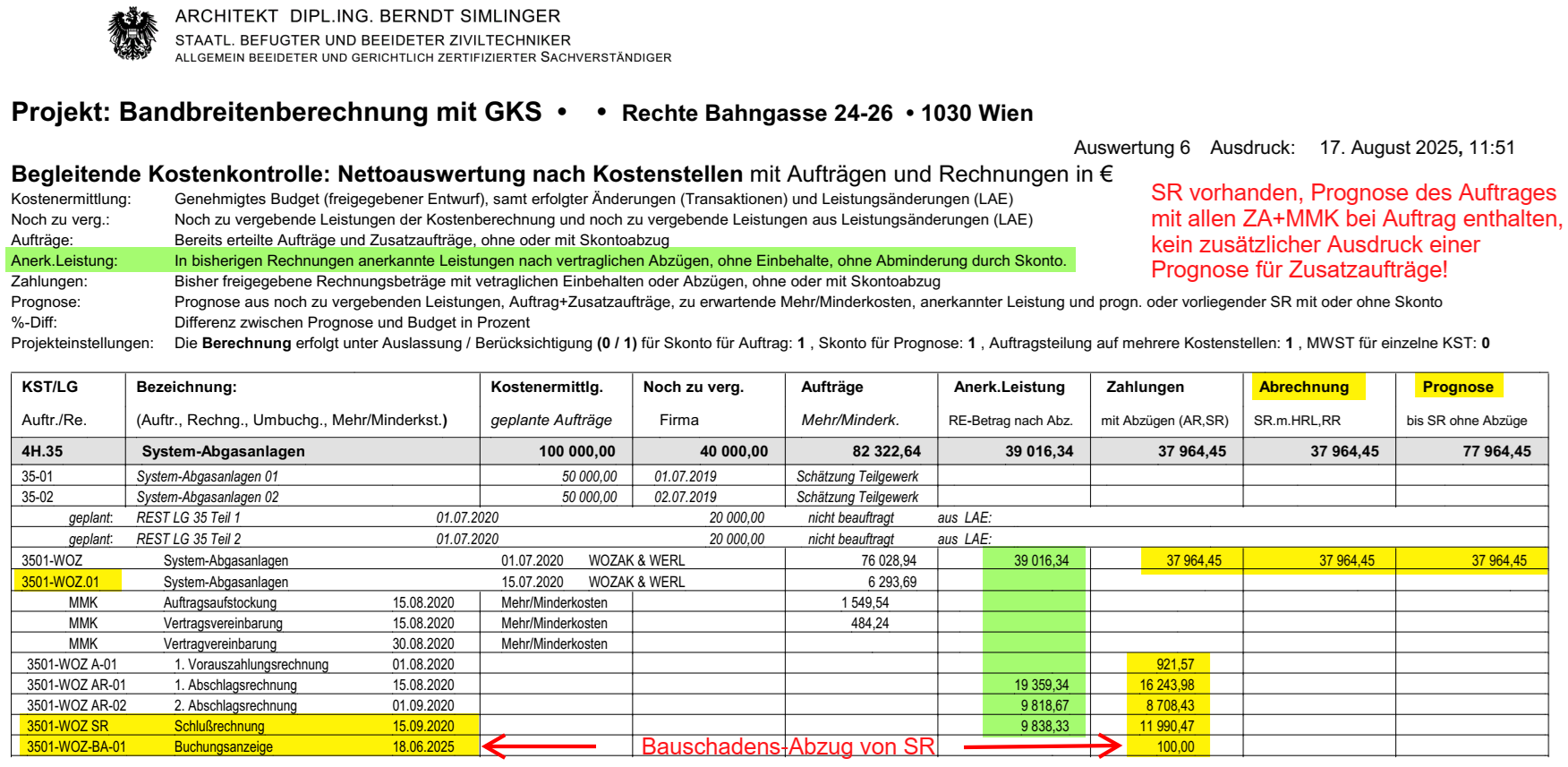 Ausdruck der Kostenkontrolle für die KST 4H.35 mit SR, daher Auftragsstand unerheblich; Formular 06