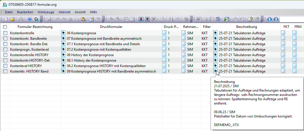 Liste der adaptierten Druckformulare
