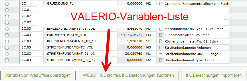 Dialog der Projekt-Variablen in VALERIO für den Start von WEBOFFICE