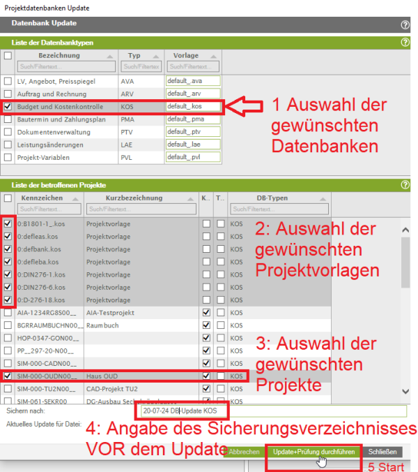 Update von Projektvorlagen und Projektdaten