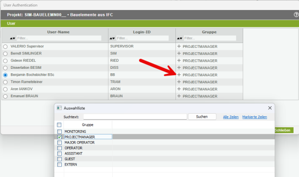 Zuordnung von Usern zu User-Gruppenrechten in einem Projekt