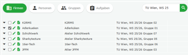 Firmenliste nach Filterauswahl