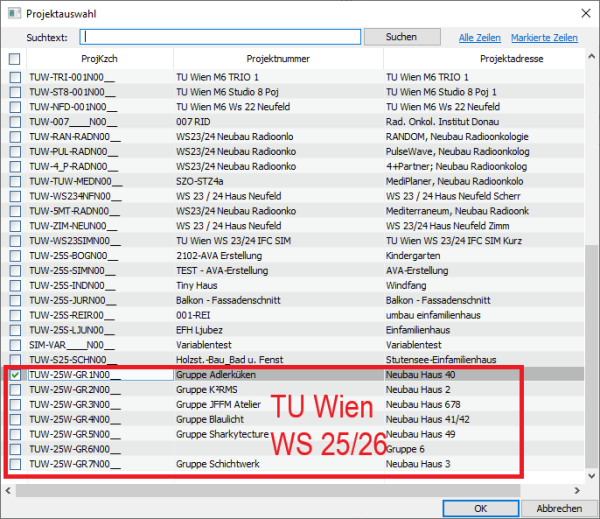 Liste der Projektkennzeichen in VALERIO