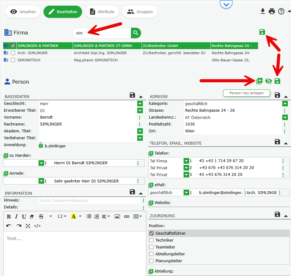 Personendaten und Fimrenzughörigkeit festlegen