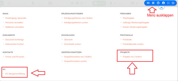 Menü in WEBOFFICE zum Anlegen der Projekte