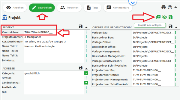 PROJEKT anlegen in WEBOFFICE