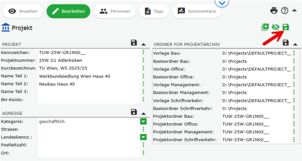 Projekt in WEBOFFICE