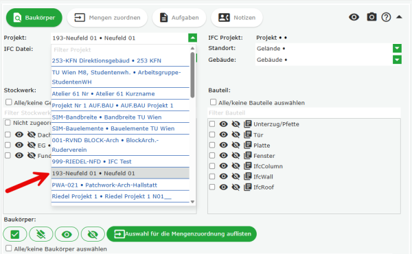 Auswahl der freigeschalteten Projekte