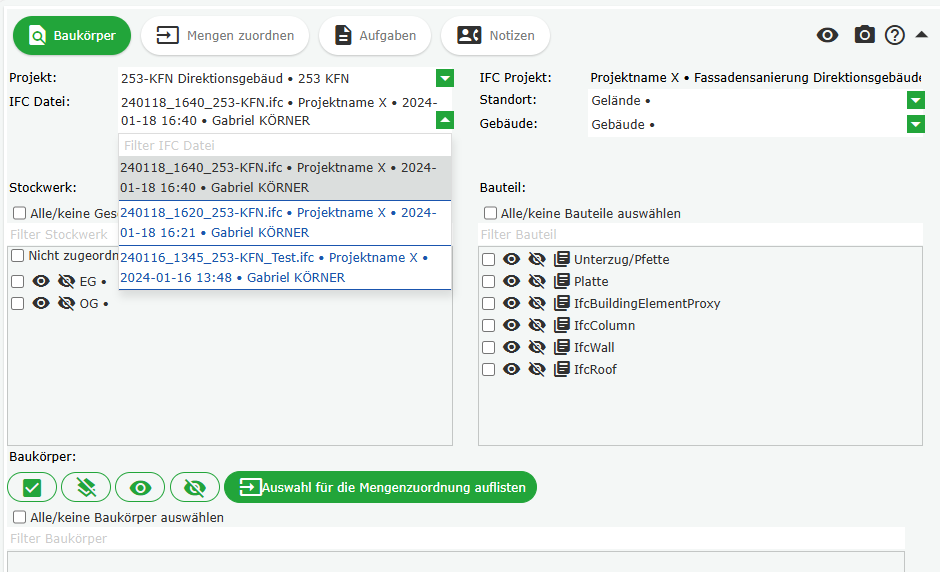 Auswahl der verfügbaren, hochgeladenen IFC-Files für das ausgewählte Projekt
