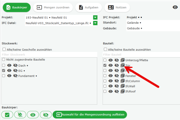 Attribute einer Gruppe "Bauteile" öffnen