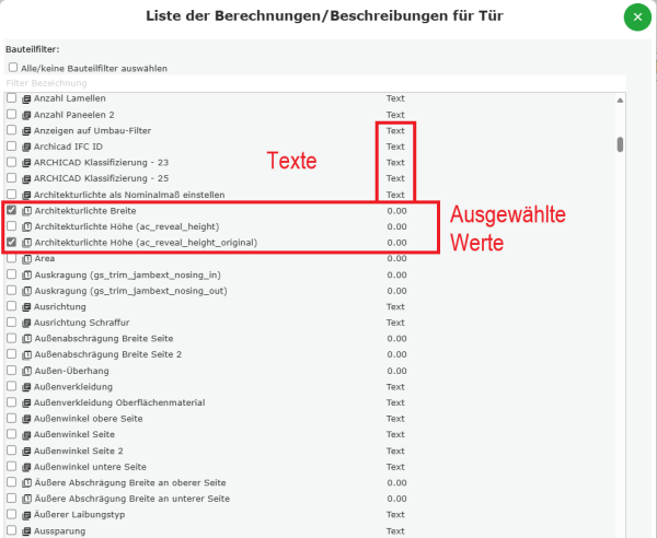 Vorauswahl für die darzustellenden Attribute