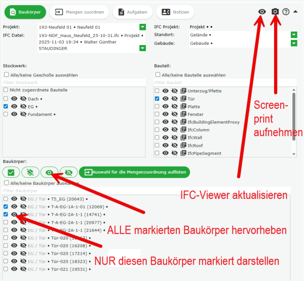 Auswahl der hervorzuhebenden Baukörper aus der Liste des IFC-Files