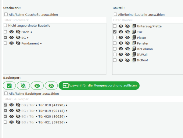 Auswahl der Baukörper aus der Liste des IFC-Files